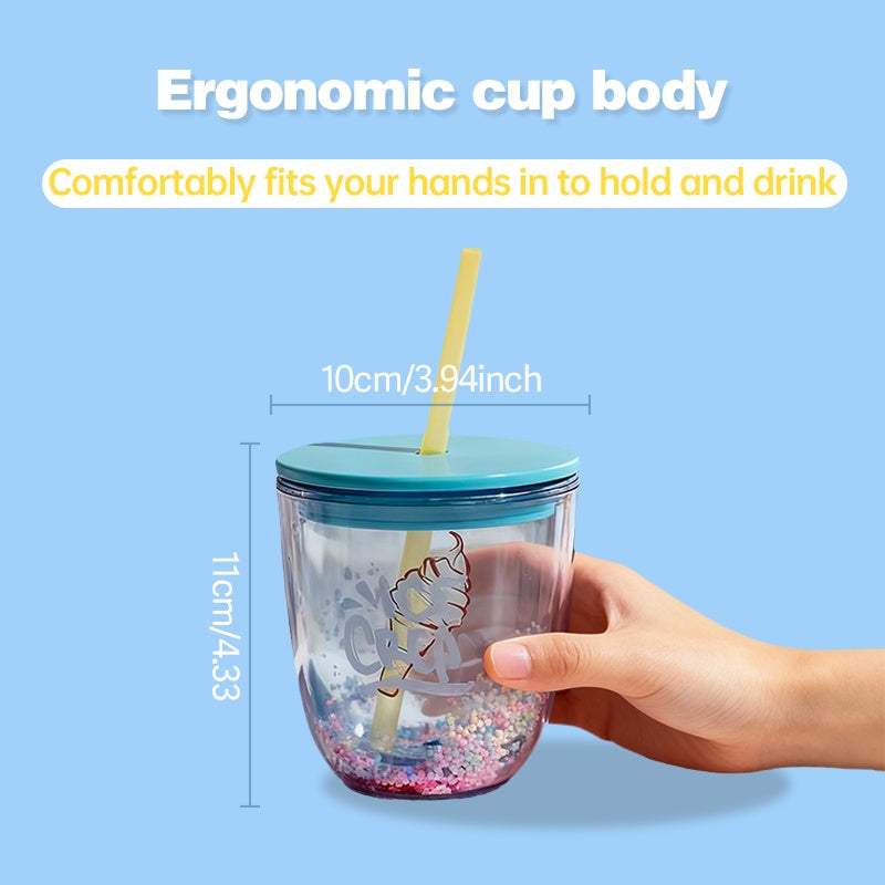 Clear tumbler with blue lid held by a hand, featuring ergonomic design text and measurements on a blue background.