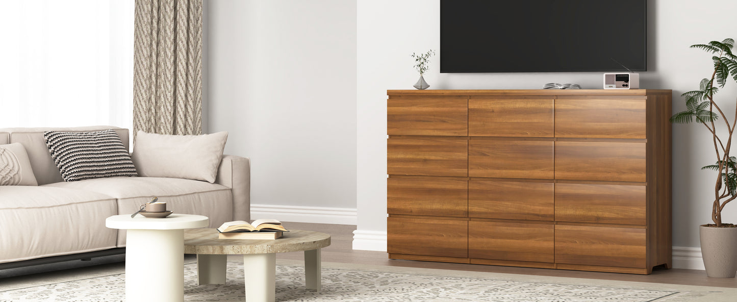 Wooden sideboard in a living room setting with a sofa and TV.