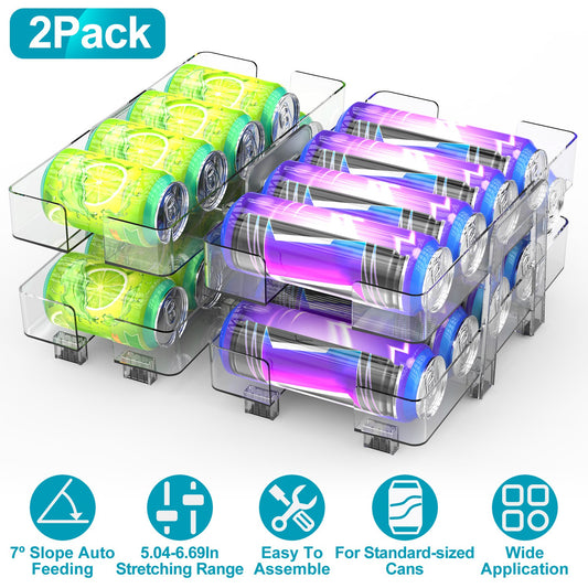 2-Pack Adjustable Soda Can Organizer – Auto Rolling Fridge Rack
