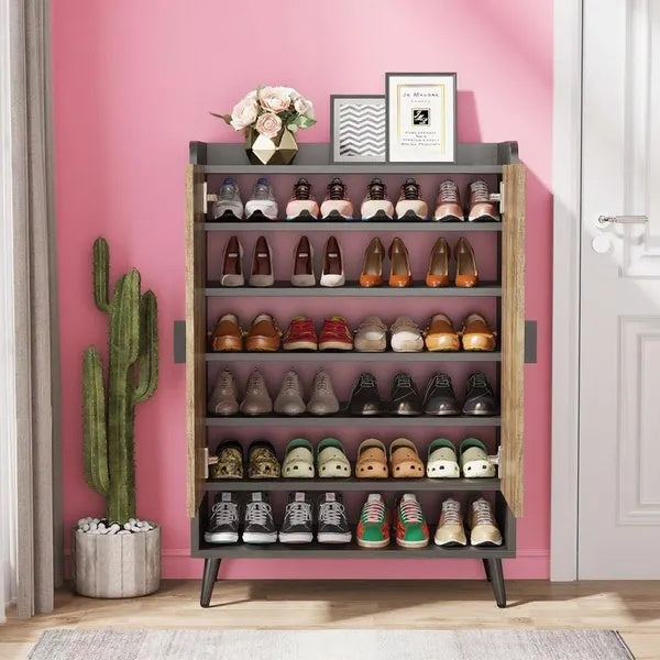 Modern Wooden Shoe Cabinet with Doors – 7 Tier Storage Organizer