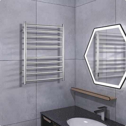 Bathroom with a heated towel rack and mirror