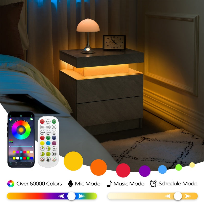 Bedside table with LED lighting, smartphone, and remote control in a bedroom setting.