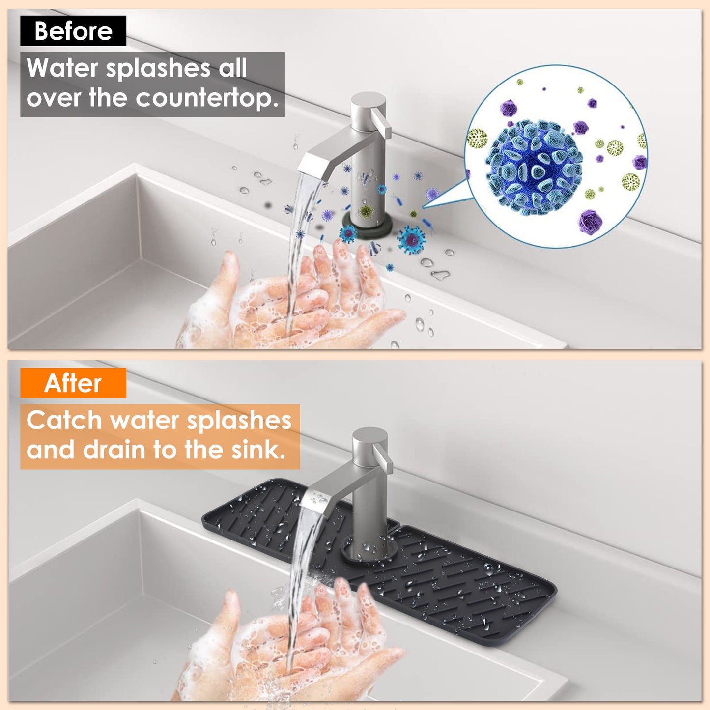 Before and after comparison of a kitchen sink with a splash guard catching water splashes.