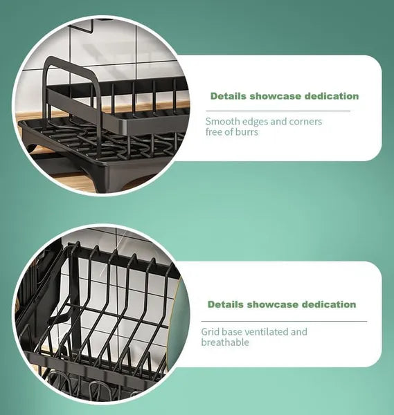 Black dish rack with grid base on a green background