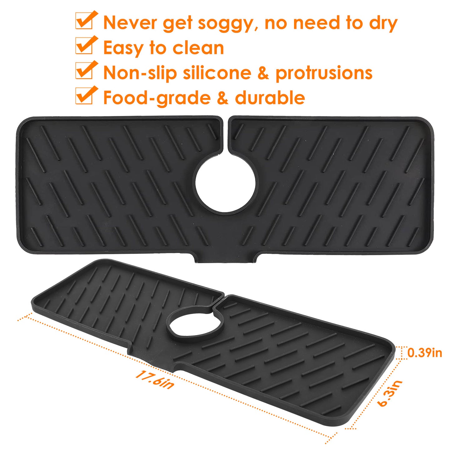 Black silicone mat with features listed on a white background