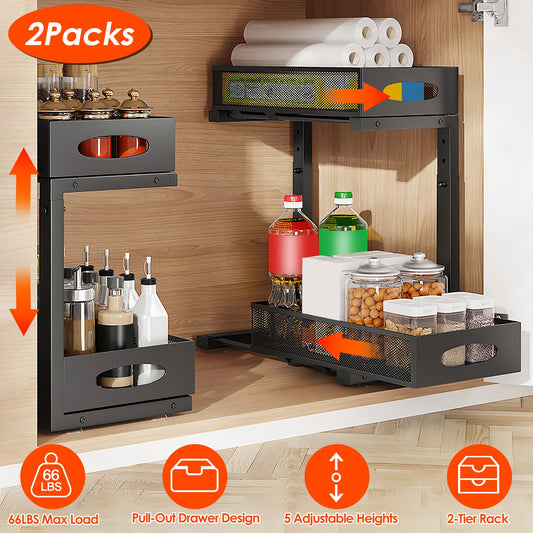 Cabinet organizer with pull-out drawer design, 5 adjustable heights, and 2-tier rack on a wooden cabinet.