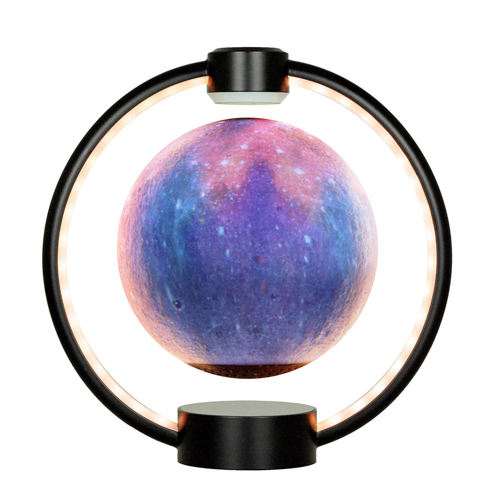 Glowing purple sphere levitating in a circular magnetic field on a white background