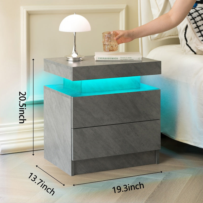 Gray nightstand with LED lighting, dimensions shown, in a bedroom setting.