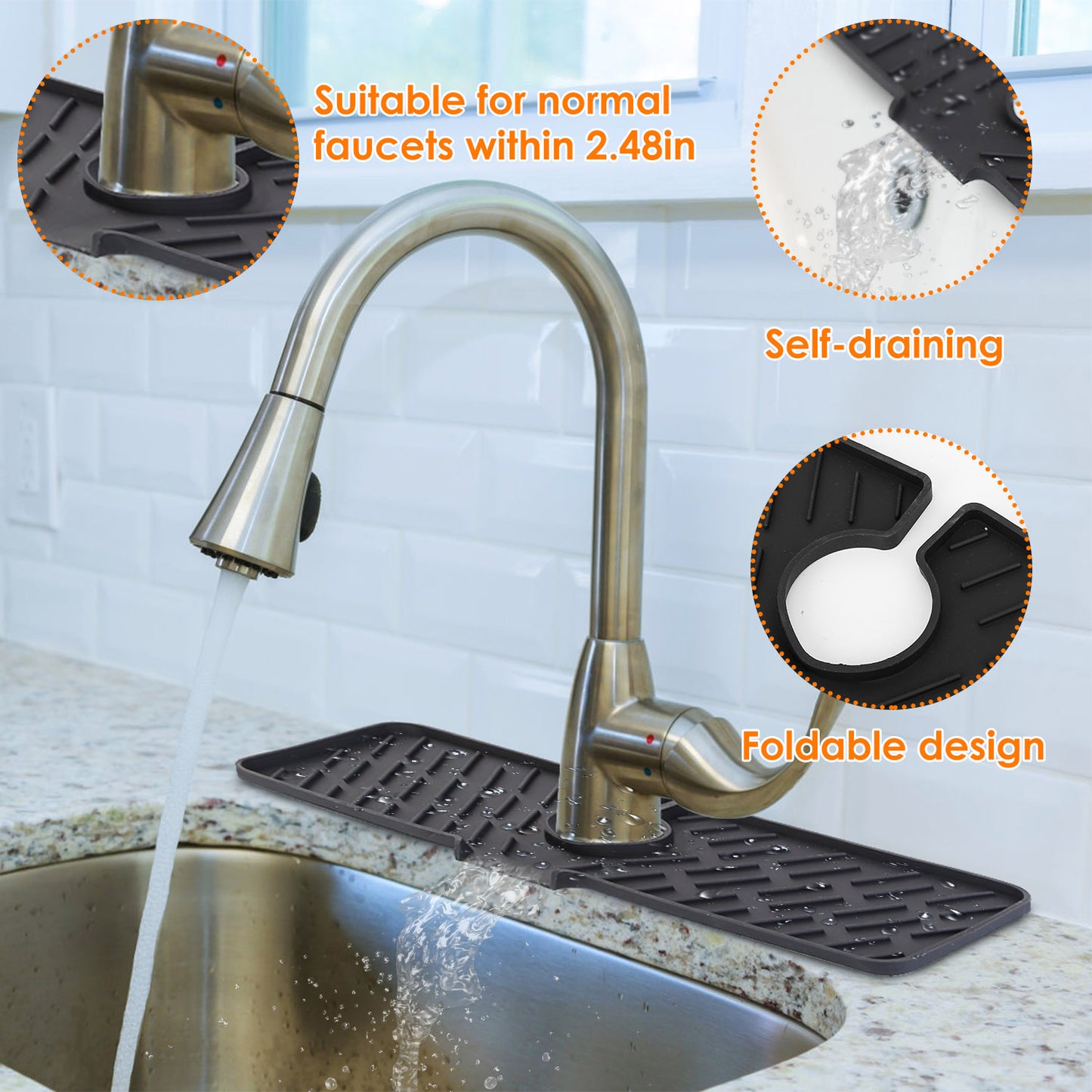 Kitchen sink with a drain mat, faucet, and text highlighting features.