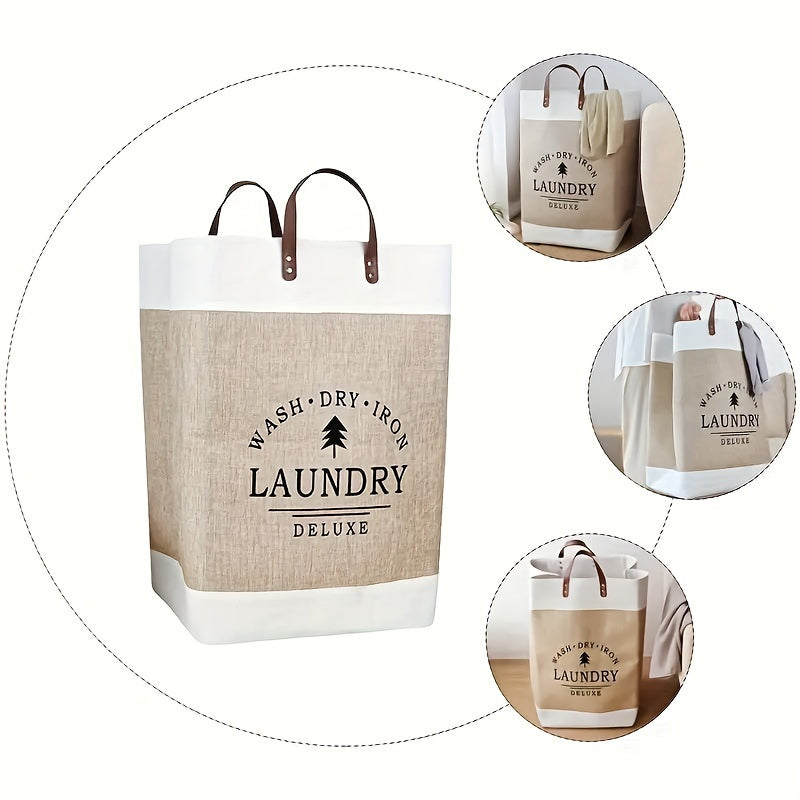 Laundry bag with 'Wash Dry Iron Laundry Deluxe' text and tree design, surrounded by close-up insets.