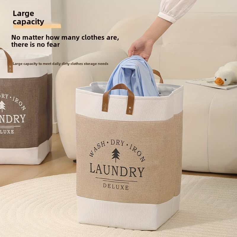 Laundry basket with 'Wash Dry Iron Laundry Deluxe' branding, holding clothes on a couch.