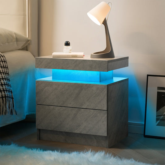 Modern nightstand with a lamp and glowing blue light in a bedroom setting