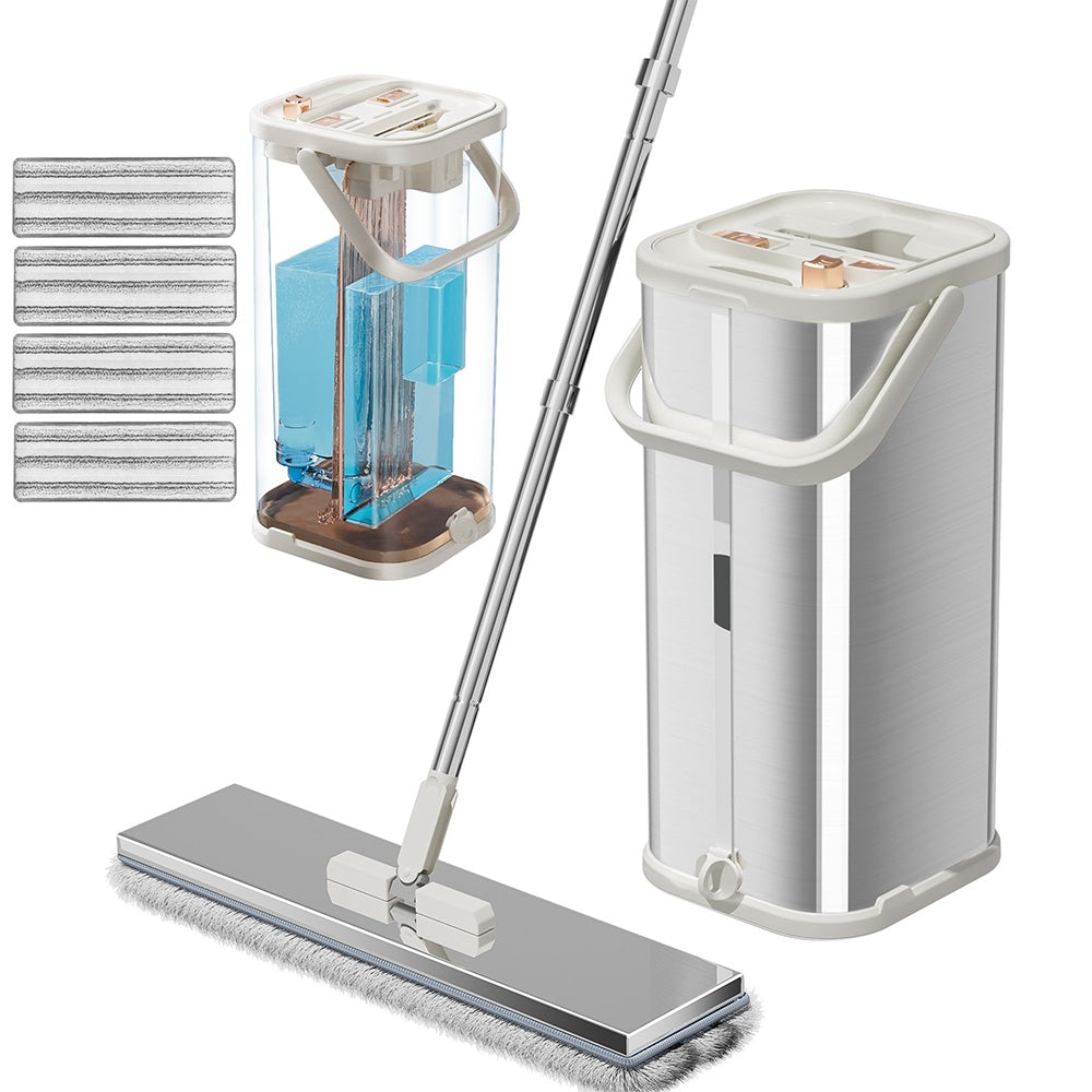 Mop and bucket set with cleaning solution on a white background