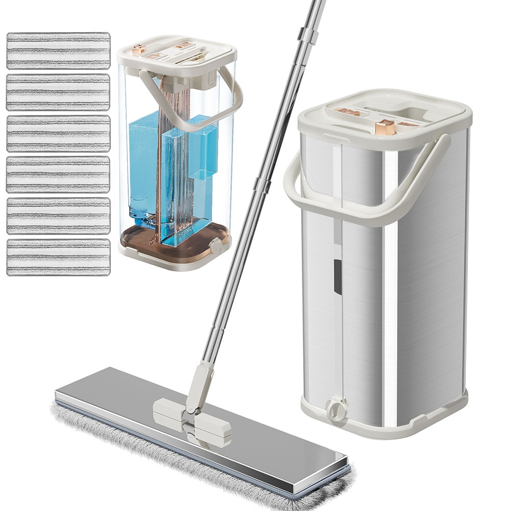 Mop set with cleaning solution container and replacement pads on a white background