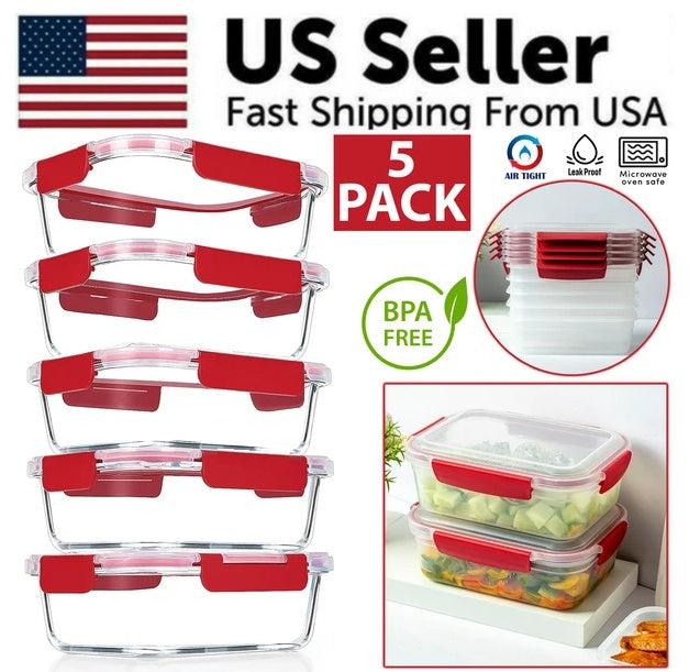Set of glass food storage containers with red lids, labeled as a 5-pack from a US seller with fast shipping.