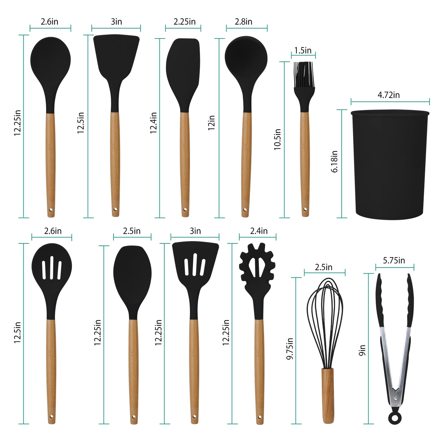 Set of kitchen utensils with dimensions labeled on a white background
