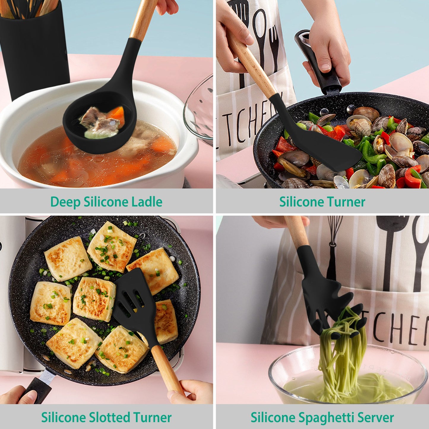 Set of silicone kitchen utensils including a deep silicone ladle, silicone turner, slotted turner, and spaghetti server being used in cooking.