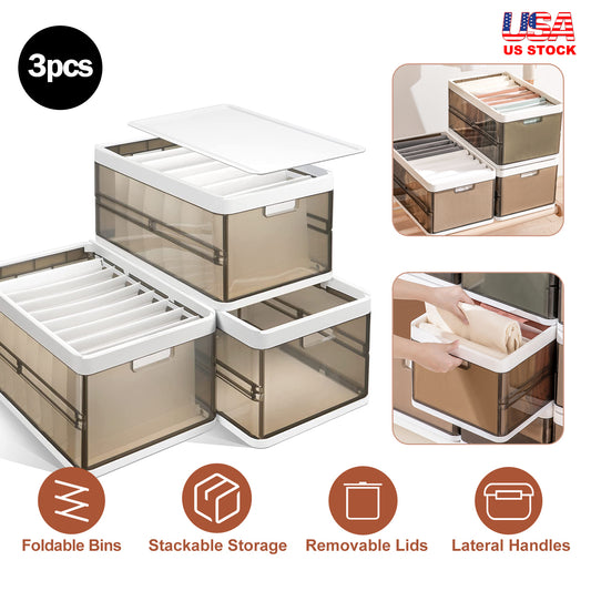 Set of three foldable storage bins with removable lids and lateral handles, shown with US stock label.