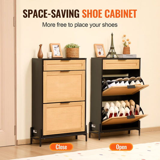 Space-saving shoe cabinet with open and closed compartments on a light wood floor.