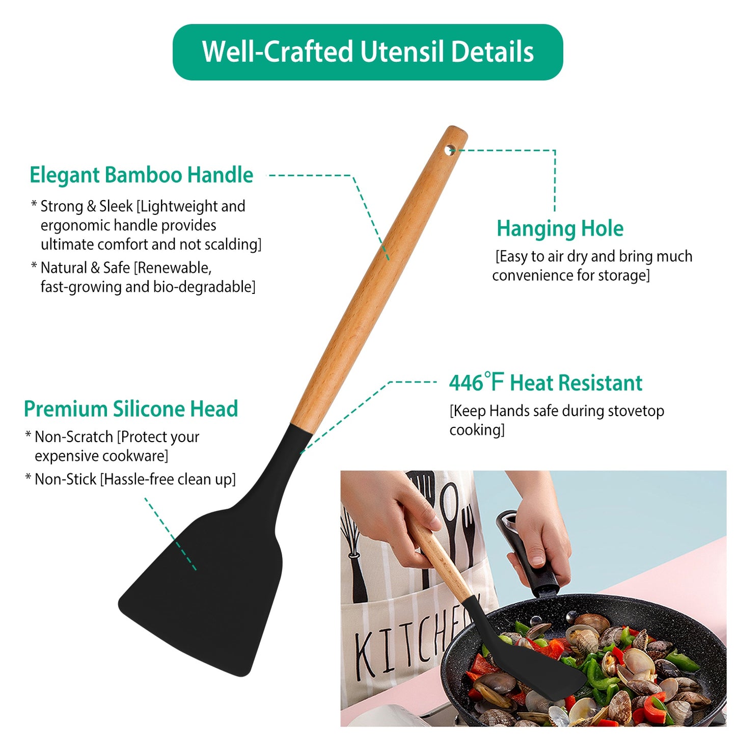 Spatula with wooden handle and black silicone head, highlighting features like bamboo handle and heat resistance.