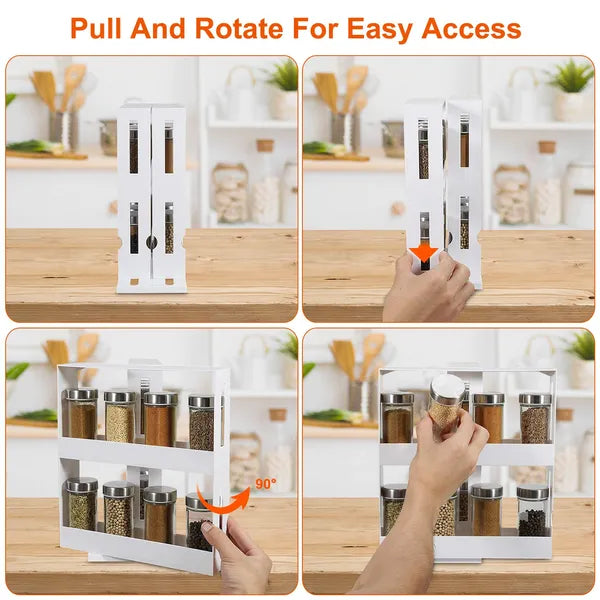 Spice rack with pull and rotate feature on a kitchen counter.