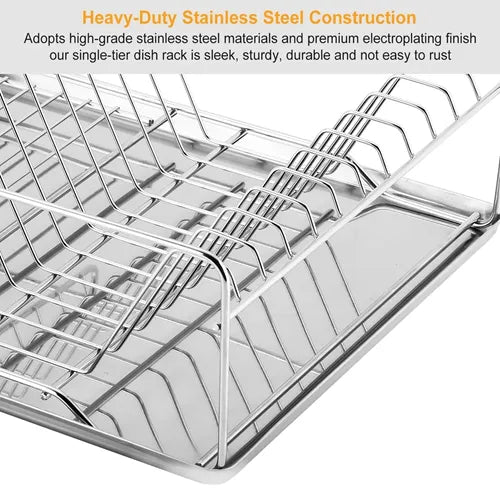 Stainless steel dish rack with text highlighting construction details