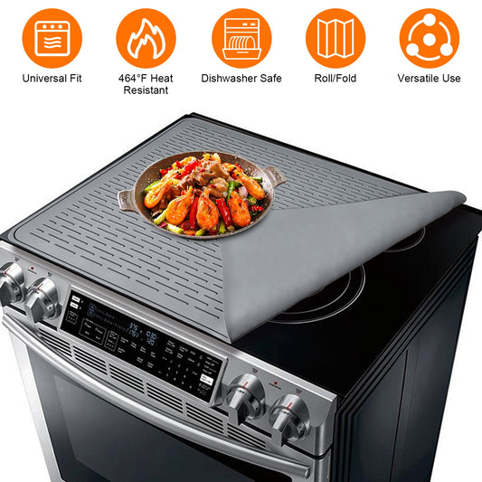 Stove with a pot of food on a gray mat, featuring icons and text about product features.