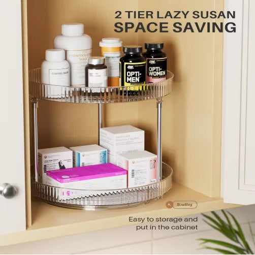 Two-tier lazy Susan organizer with health products inside, labeled '2 Tier Lazy Susan Space Saving'.