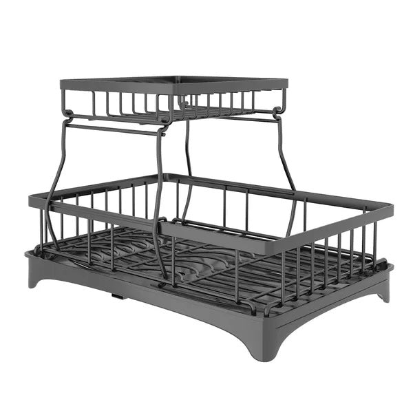 Two-tier metal dish rack on a white background