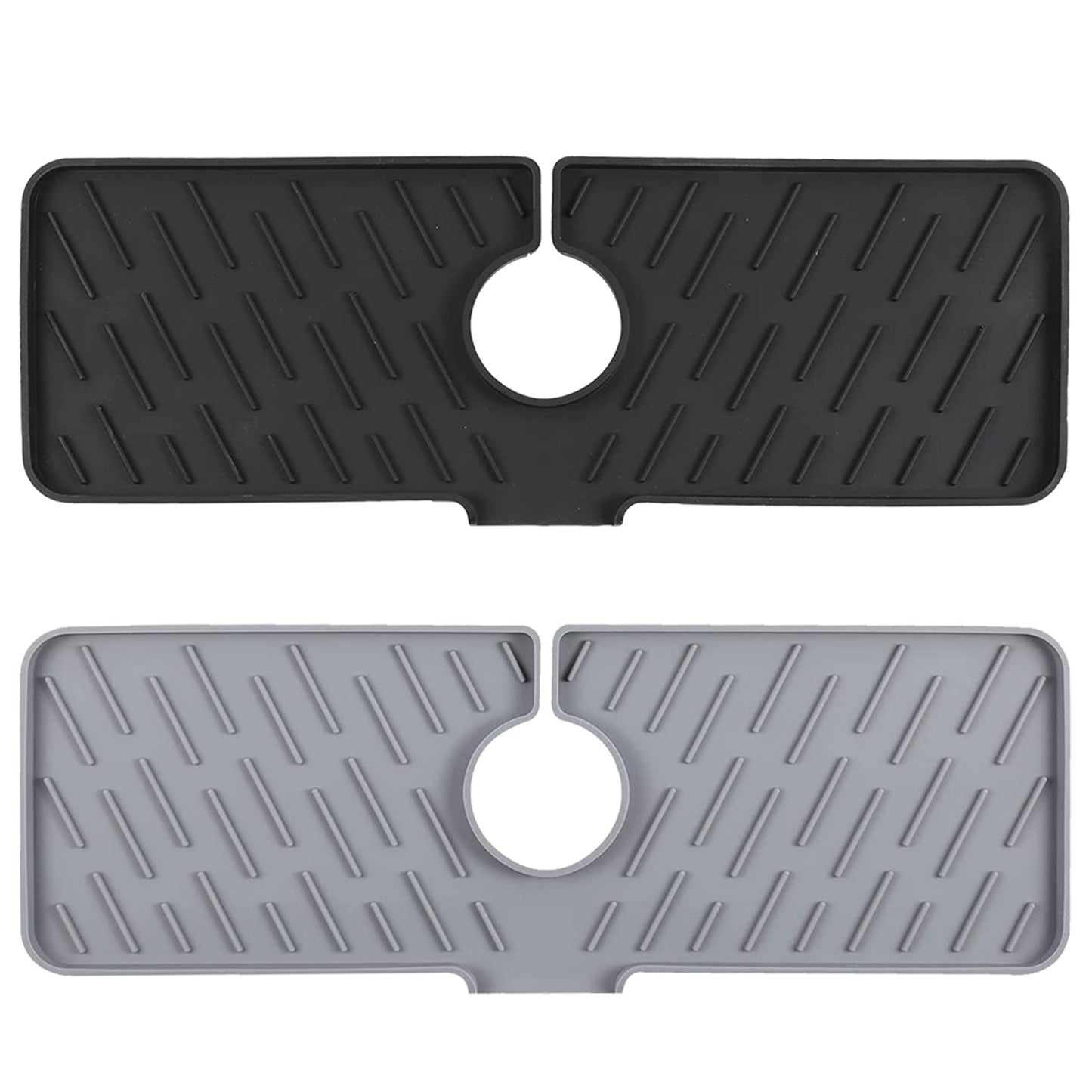 Two black and gray car floor mats with a central circular cutout on a white background.