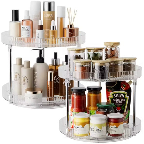 Two tiered clear旋转器organizer with various products on a white background