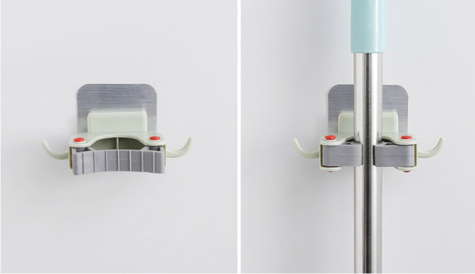 Two views of a wall-mounted cleaning tool holder on a white background