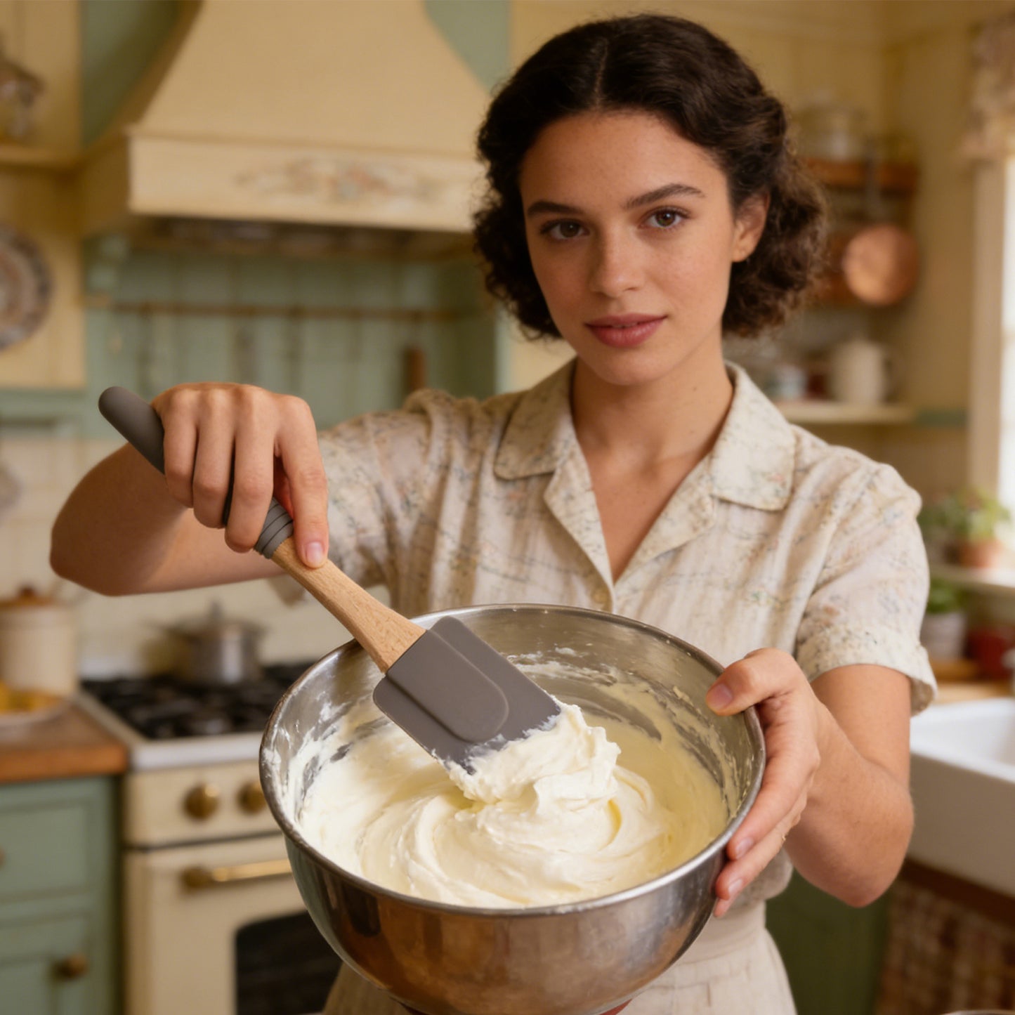 Woman in a kitchen holding a bowl of whipped cream and a spatula.
