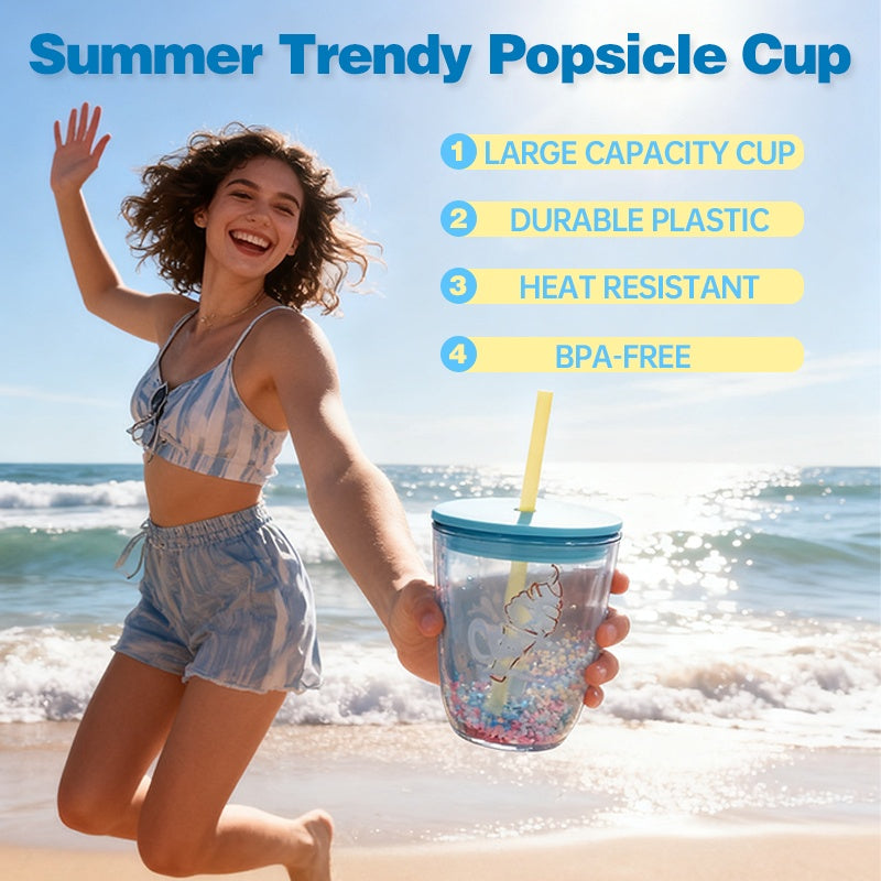 Woman on a beach holding a summer trendy popsicle cup with features listed.
