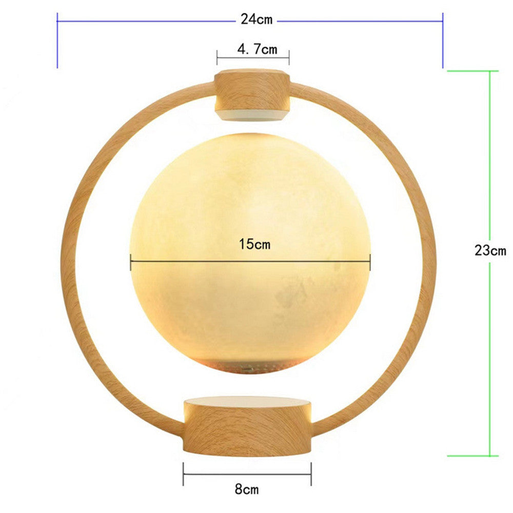 Wooden ball with circular wooden frame and measurements on a white background
