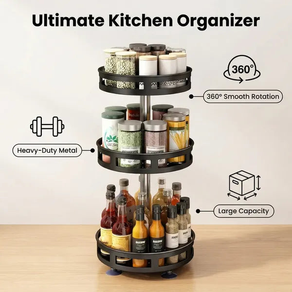 3-Tier Rotating Spice Rack Organizer – 360° Metal Turntable